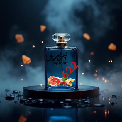 "622 – Inspired by Bleu de Chanel, a premium masculine fragrance featuring fresh citrus, grapefruit, aromatic lavender and mint, warm sandalwood, cedar, and subtle musk notes. Displayed in a deep midnight blue cinematic background, perfect for high-end perfume campaigns."