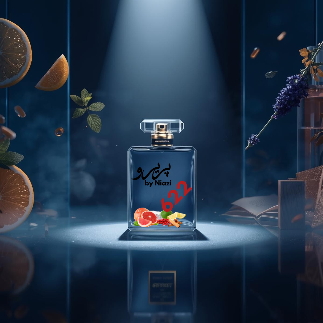 "622 – Inspired by Bleu de Chanel, a premium masculine fragrance featuring fresh citrus, grapefruit, aromatic lavender and mint, warm sandalwood, cedar, and subtle musk notes. Displayed in a deep midnight blue cinematic background, perfect for high-end perfume campaigns."