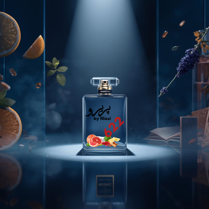 "622 – Inspired by Bleu de Chanel, a premium masculine fragrance featuring fresh citrus, grapefruit, aromatic lavender and mint, warm sandalwood, cedar, and subtle musk notes. Displayed in a deep midnight blue cinematic background, perfect for high-end perfume campaigns."