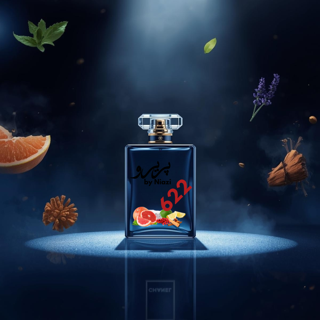 "622 – Inspired by Bleu de Chanel, a premium masculine fragrance featuring fresh citrus, grapefruit, aromatic lavender and mint, warm sandalwood, cedar, and subtle musk notes. Displayed in a deep midnight blue cinematic background, perfect for high-end perfume campaigns."