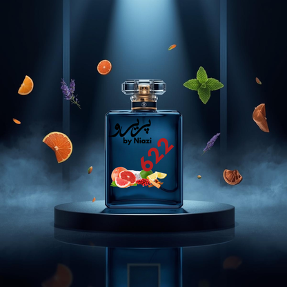 "622 – Inspired by Bleu de Chanel, a premium masculine fragrance featuring fresh citrus, grapefruit, aromatic lavender and mint, warm sandalwood, cedar, and subtle musk notes. Displayed in a deep midnight blue cinematic background, perfect for high-end perfume campaigns."