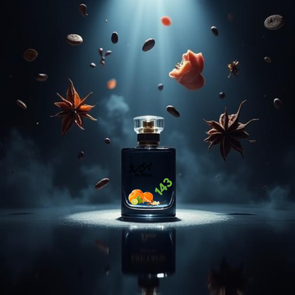 "143 – Inspired by Sauvage by Dior, a premium masculine fragrance featuring bergamot, grapefruit, star anise, amber, cedarwood, and musk notes. Displayed in a cinematic dark-blue and metallic background, perfect for high-end perfume campaigns."