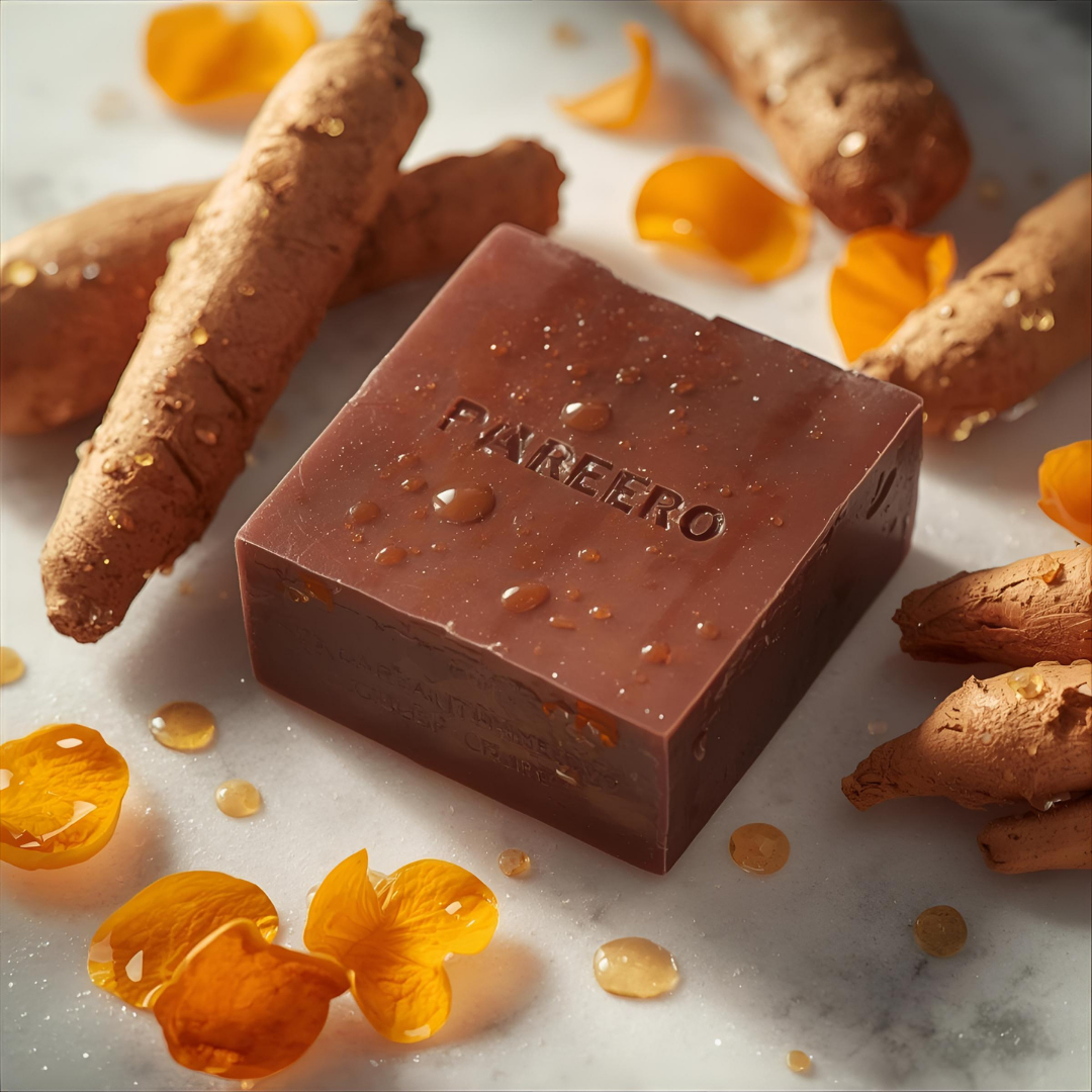 “Pareero Turmeric Soap – brightening organic bar with turmeric extract for glowing skin. Herbal turmeric soap with natural antioxidants – helps reduce spots and enhance skin tone”
