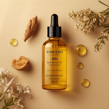Pareero Sandalwood Oil Cold Pressed 50ml — 100% pure and natural oil for moisturizing, soothing, and rejuvenating skin, reducing blemishes and fine lines, calming irritation, and promoting healthy, radiant skin. Premium cold-pressed formula ideal for skincare, haircare, and body care.