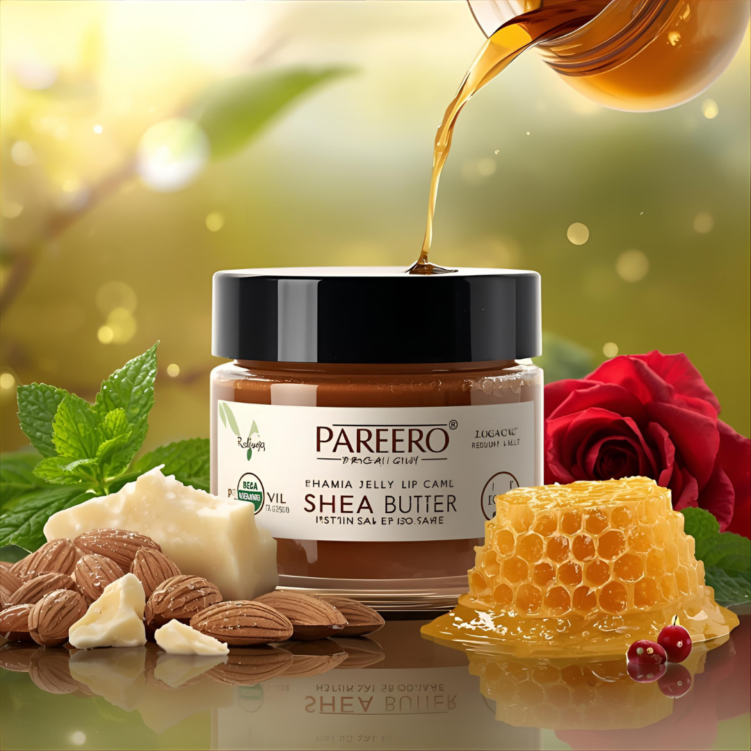 “Pareero Organic Healing Jelly – natural vegan multi-purpose skin balm with beeswax, coconut oil, almond oil, olive oil, rosehip oil, castor oil, and vitamin E.”