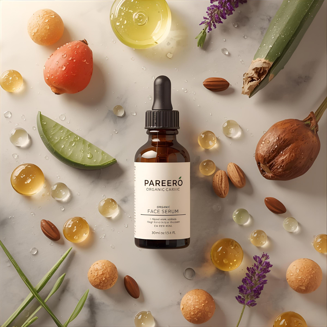 “Pareero Organic Face Serum with rosehip oil, aloe vera, jojoba, argan oil, lavender essential oil, vitamin E, and hyaluronic acid – natural glow and hydration.”