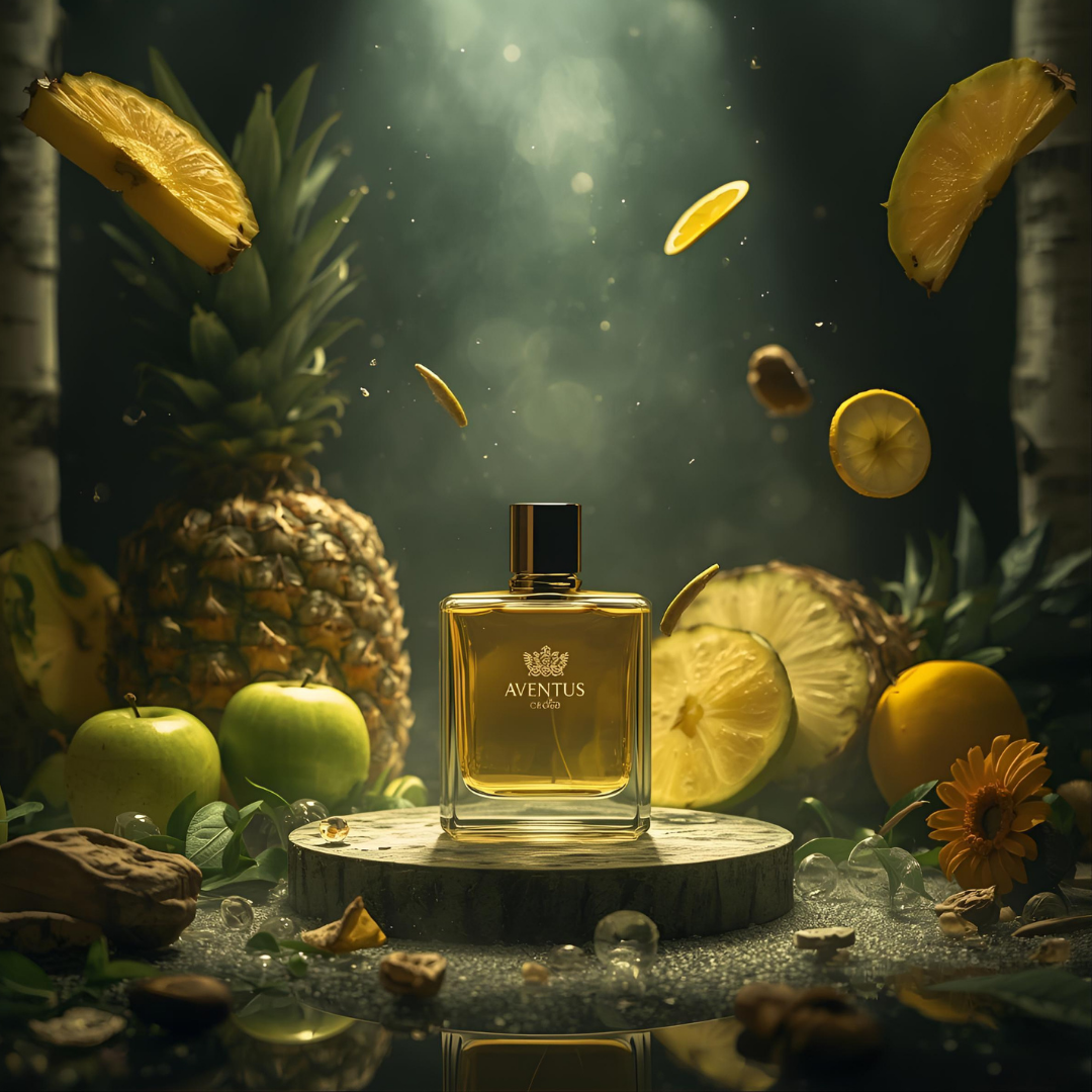"Pareero Aventus-inspired luxury perfume with pineapple, birch wood, musk, and green apple notes, premium masculine fragrance bottle."