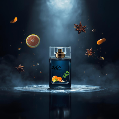 "143 – Inspired by Sauvage by Dior, a premium masculine fragrance featuring bergamot, grapefruit, star anise, amber, cedarwood, and musk notes. Displayed in a cinematic dark-blue and metallic background, perfect for high-end perfume campaigns."