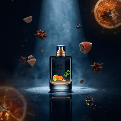 "143 – Inspired by Sauvage by Dior, a premium masculine fragrance featuring bergamot, grapefruit, star anise, amber, cedarwood, and musk notes. Displayed in a cinematic dark-blue and metallic background, perfect for high-end perfume campaigns."