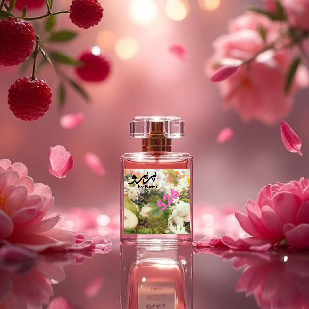 "526 – Inspired by Gucci Flora, a premium feminine fragrance featuring red berries, bergamot, peony, rose, osmanthus, soft vanilla, and musk notes. Displayed in a luxurious pink-toned cinematic background, perfect for high-end perfume campaign imagery."