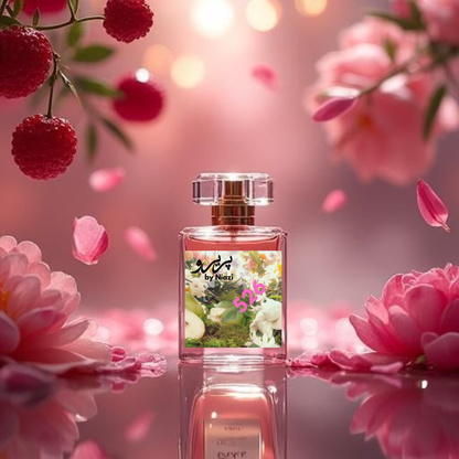 "526 – Inspired by Gucci Flora, a premium feminine fragrance featuring red berries, bergamot, peony, rose, osmanthus, soft vanilla, and musk notes. Displayed in a luxurious pink-toned cinematic background, perfect for high-end perfume campaign imagery."