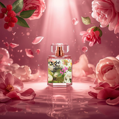 "526 – Inspired by Gucci Flora, a premium feminine fragrance featuring red berries, bergamot, peony, rose, osmanthus, soft vanilla, and musk notes. Displayed in a luxurious pink-toned cinematic background, perfect for high-end perfume campaign imagery."