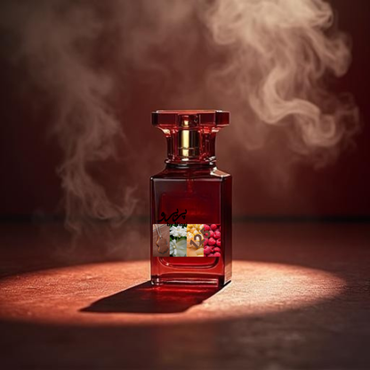"Tuscan Leather Intense by Tom Ford, a premium niche masculine fragrance featuring rich leather, saffron, raspberry, smoky birchwood, cedar, amber, and musk notes. Displayed in a luxurious dark mahogany and burgundy cinematic background."
