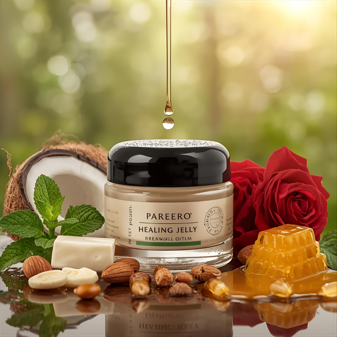 “Pareero Organic Healing Jelly – natural vegan multi-purpose skin balm with beeswax, coconut oil, almond oil, olive oil, rosehip oil, castor oil, and vitamin E.”
