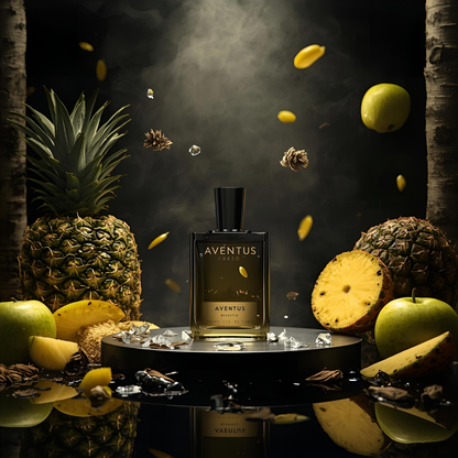 "Pareero Aventus-inspired luxury perfume with pineapple, birch wood, musk, and green apple notes, premium masculine fragrance bottle."