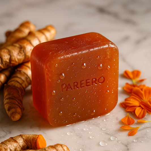 “Pareero Turmeric Soap – brightening organic bar with turmeric extract for glowing skin. Herbal turmeric soap with natural antioxidants – helps reduce spots and enhance skin tone”