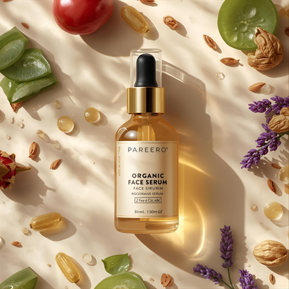 “Pareero Organic Face Serum with rosehip oil, aloe vera, jojoba, argan oil, lavender essential oil, vitamin E, and hyaluronic acid – natural glow and hydration.”