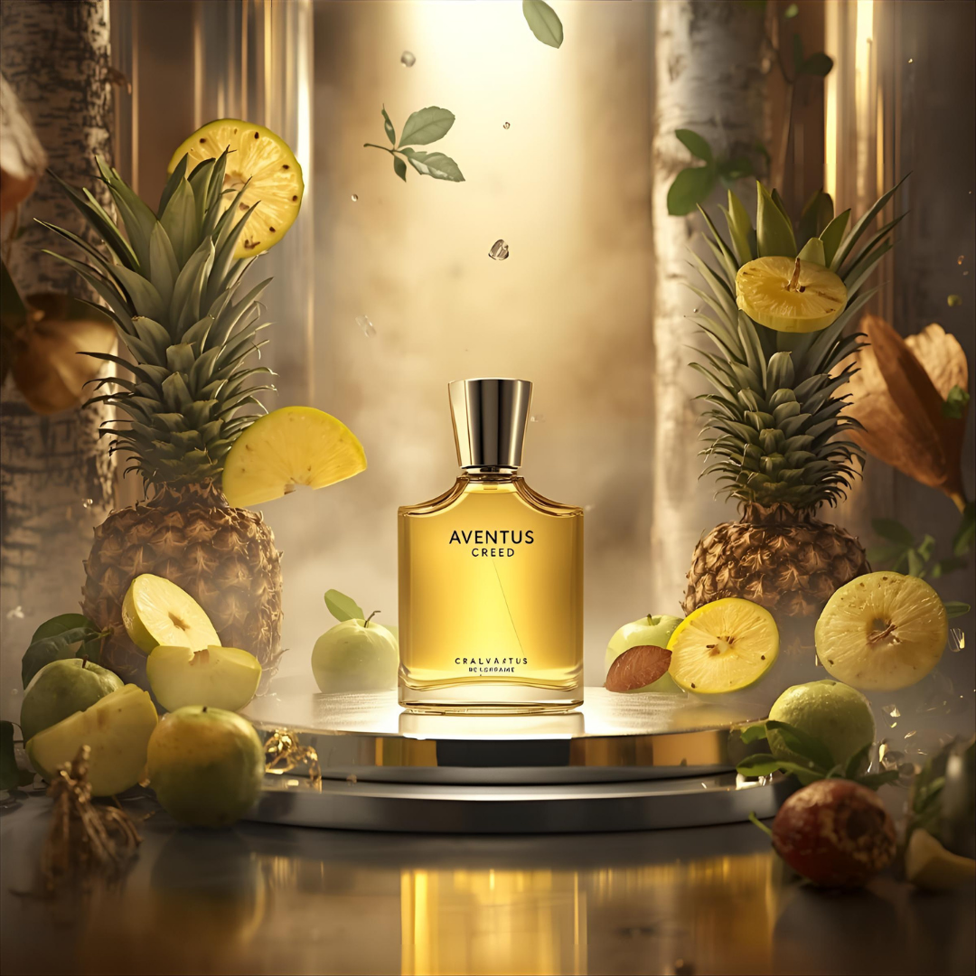 "Pareero Aventus-inspired luxury perfume with pineapple, birch wood, musk, and green apple notes, premium masculine fragrance bottle."