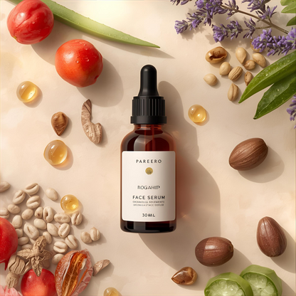 “Pareero Organic Face Serum with rosehip oil, aloe vera, jojoba, argan oil, lavender essential oil, vitamin E, and hyaluronic acid – natural glow and hydration.”
