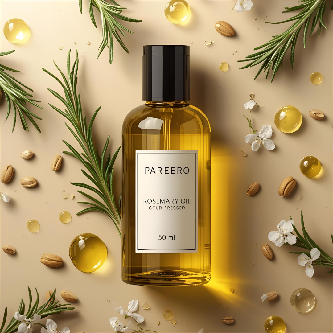 Pareero Rosemary Oil Cold Pressed 50ml — 100% pure and organic oil for hair growth, scalp health, and skin rejuvenation. Stimulates circulation, strengthens roots, reduces dandruff, and promotes thicker, shinier hair. Premium cold-pressed formula ideal for natural haircare, skincare, and body care.