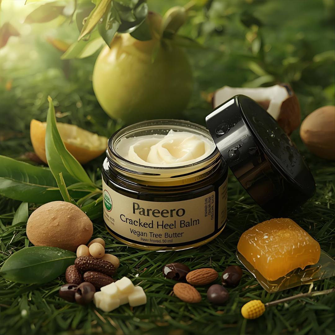 “Pareero Organic Cracked Heel Balm with beeswax, shea butter, coconut oil, almond oil, olive oil, tea tree, neem, peppermint, and vitamin E – intensive repair for dry, cracked heels.”