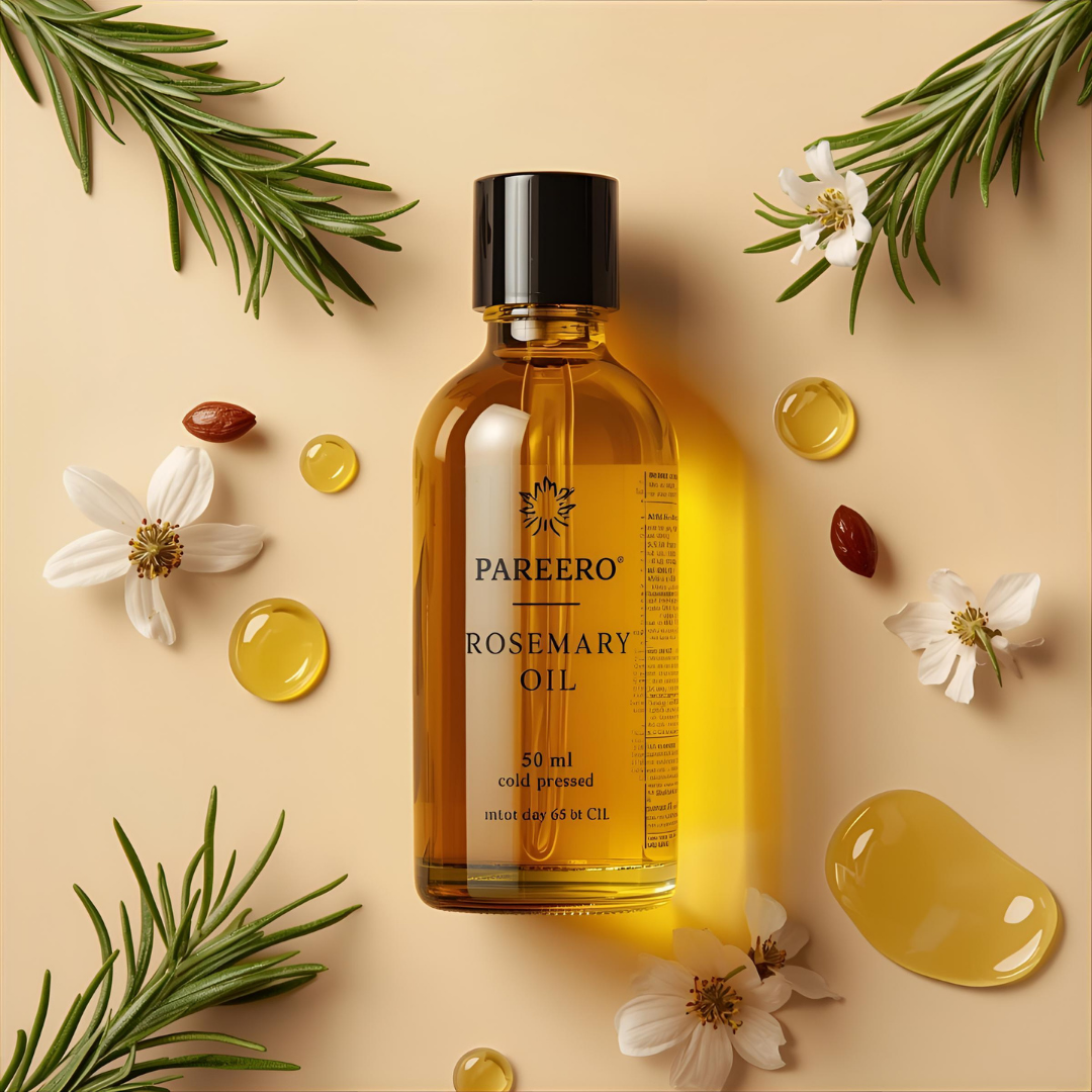 Pareero Rosemary Oil Cold Pressed 50ml — 100% pure and organic oil for hair growth, scalp health, and skin rejuvenation. Stimulates circulation, strengthens roots, reduces dandruff, and promotes thicker, shinier hair. Premium cold-pressed formula ideal for natural haircare, skincare, and body care.