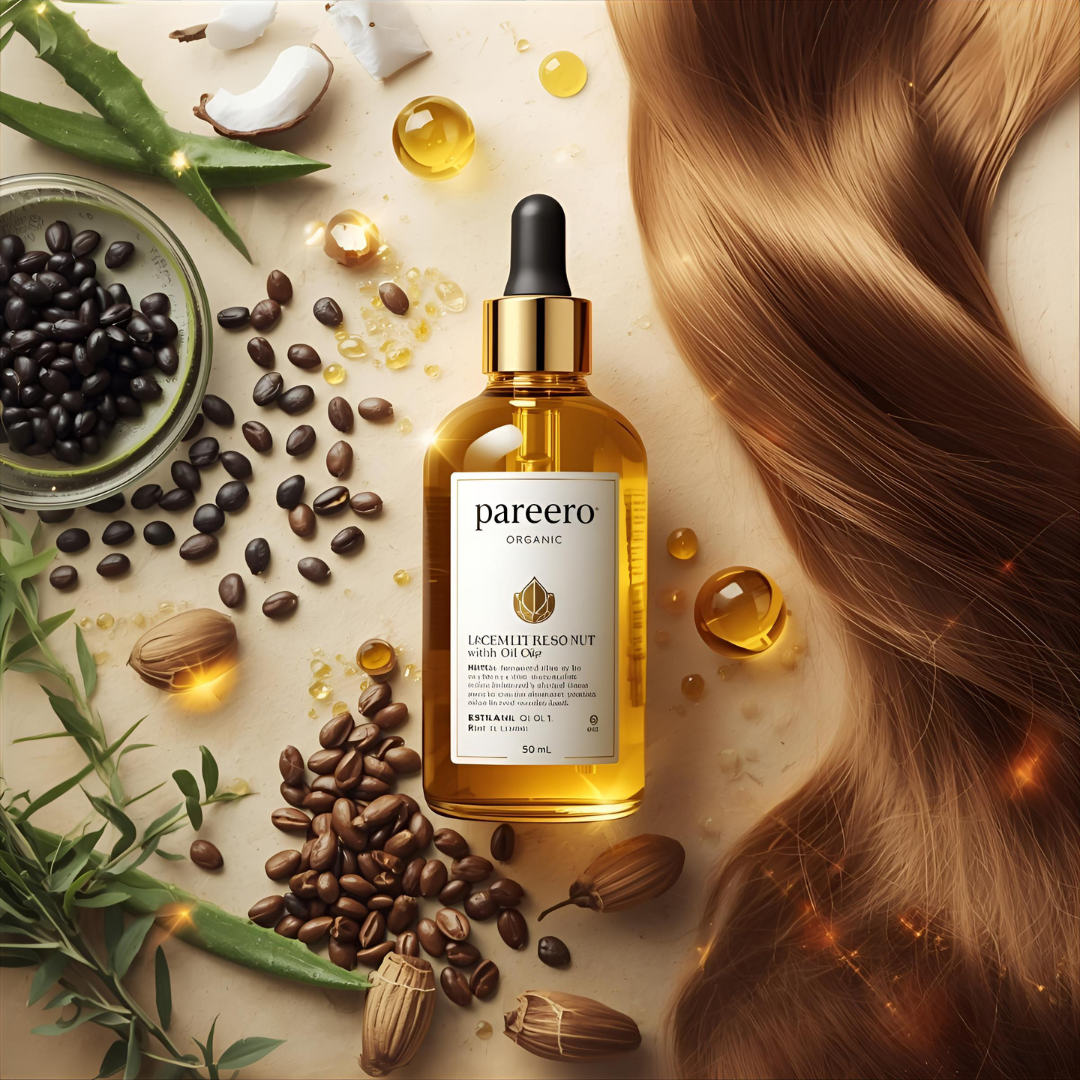 “Pareero Organic Hair Oil with black seed oil, argan oil, castor oil, jojoba oil, aloe vera oil, and vitamin E – natural hair growth and nourishment.”