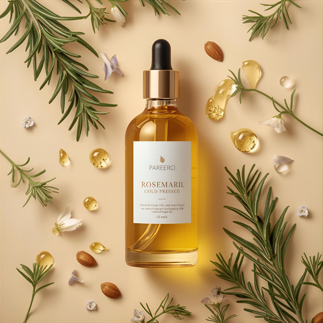 Pareero Rosemary Oil Cold Pressed 50ml — 100% pure and organic oil for hair growth, scalp health, and skin rejuvenation. Stimulates circulation, strengthens roots, reduces dandruff, and promotes thicker, shinier hair. Premium cold-pressed formula ideal for natural haircare, skincare, and body care.