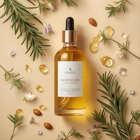 Pareero Rosemary Oil Cold Pressed 50ml — 100% pure and organic oil for hair growth, scalp health, and skin rejuvenation. Stimulates circulation, strengthens roots, reduces dandruff, and promotes thicker, shinier hair. Premium cold-pressed formula ideal for natural haircare, skincare, and body care.