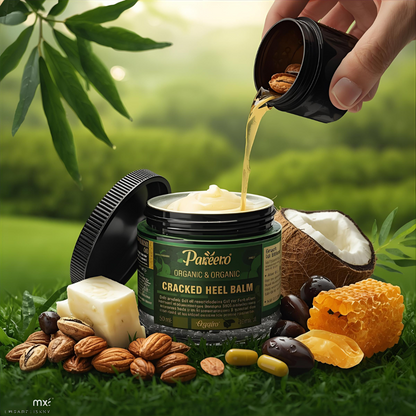 “Pareero Organic Cracked Heel Balm with beeswax, shea butter, coconut oil, almond oil, olive oil, tea tree, neem, peppermint, and vitamin E – intensive repair for dry, cracked heels.”