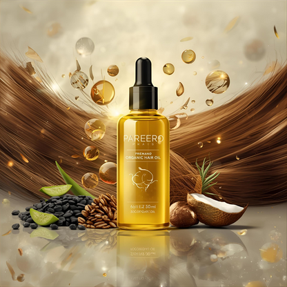 “Pareero Organic Hair Oil with black seed oil, argan oil, castor oil, jojoba oil, aloe vera oil, and vitamin E – natural hair growth and nourishment.”