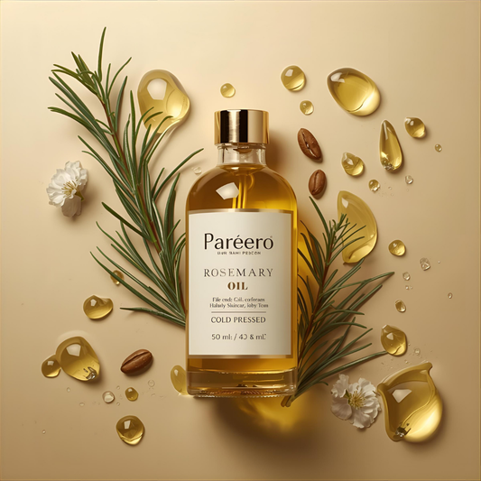 Pareero Rosemary Oil Cold Pressed 50ml — 100% pure and organic oil for hair growth, scalp health, and skin rejuvenation. Stimulates circulation, strengthens roots, reduces dandruff, and promotes thicker, shinier hair. Premium cold-pressed formula ideal for natural haircare, skincare, and body care.