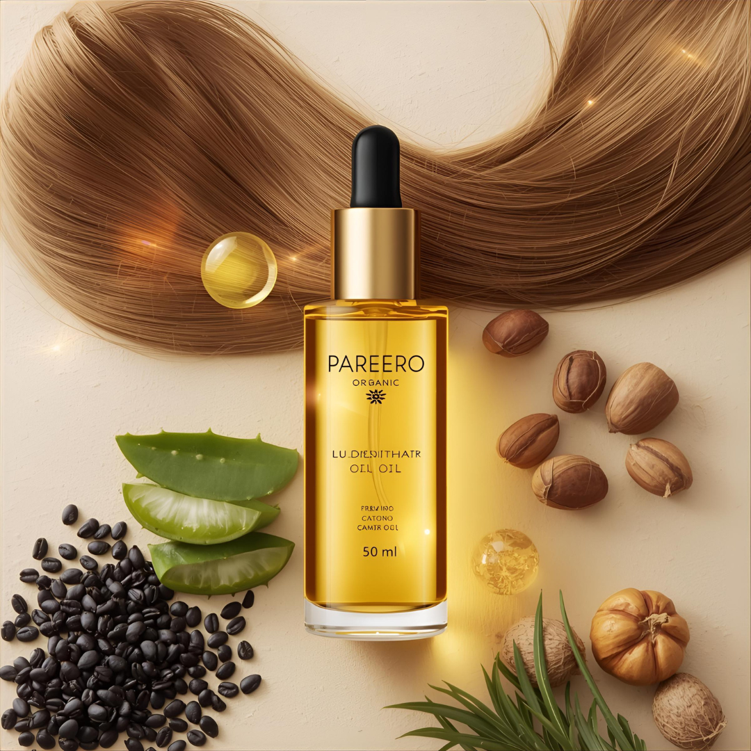 “Pareero Organic Hair Oil with black seed oil, argan oil, castor oil, jojoba oil, aloe vera oil, and vitamin E – natural hair growth and nourishment.”
