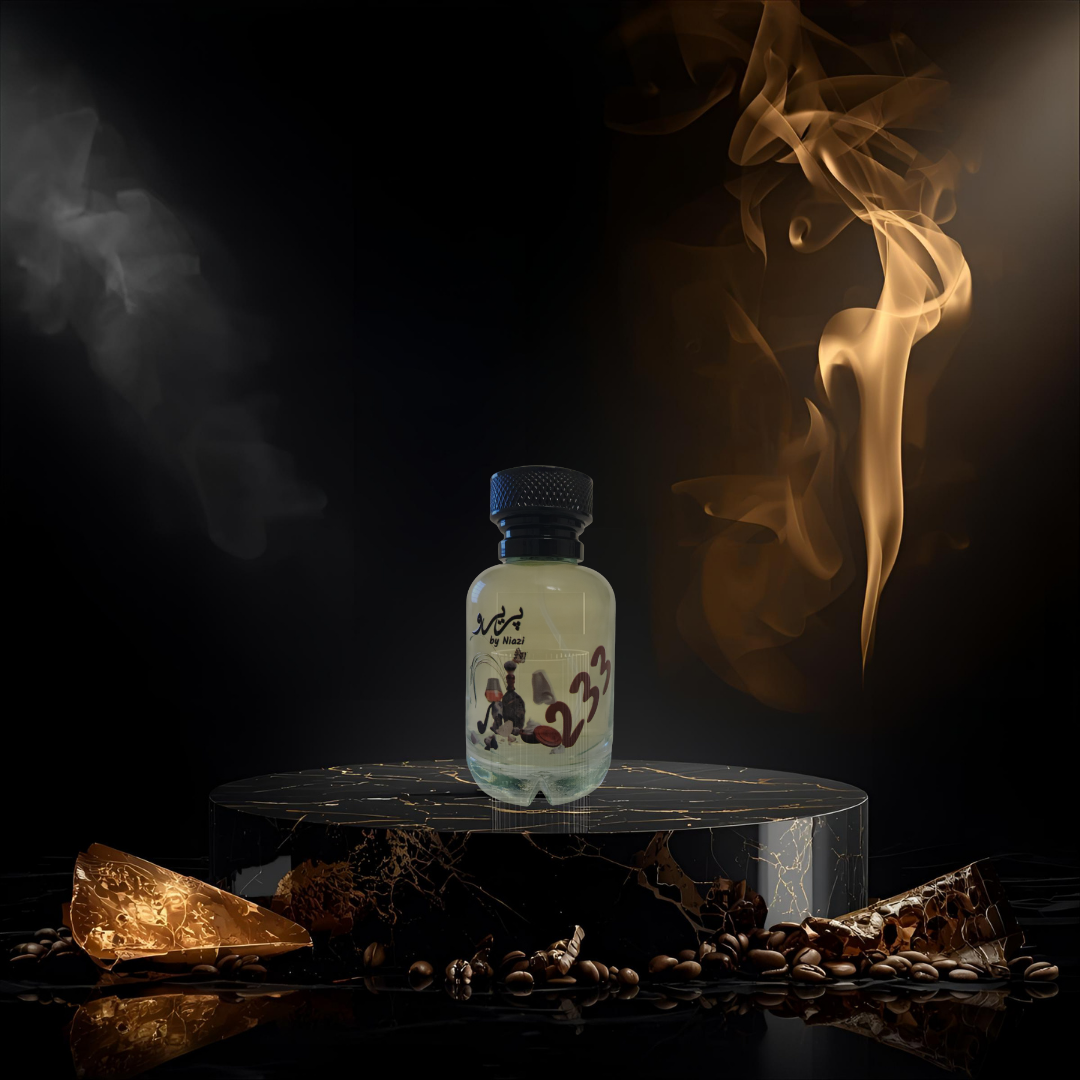 "Pareero 233 premium perfume inspired by Tragedy of George, featuring notes of brandy, amber, leather, tonka bean, and incense, luxury niche fragrance bottle."