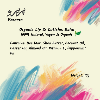 “Pareero Organic Lip & Cuticles Balm – natural vegan formula with beeswax, shea butter, coconut oil, almond oil, castor oil, peppermint oil, and vitamin E.”