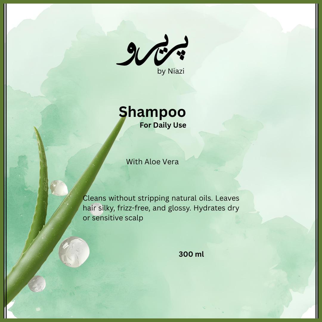 Pareero Daily Use Shampoo — gentle everyday shampoo with aloe vera and glycerin for soft, hydrated, smooth hair. Mild formula for daily cleansing.