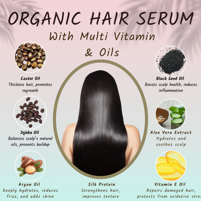“Pareero Organic Hair Serum with argan oil, jojoba oil, castor oil, black seed oil, aloe vera, and vitamin E – natural shine and hair growth treatment.”