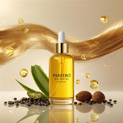 “Pareero Organic Hair Oil with black seed oil, argan oil, castor oil, jojoba oil, aloe vera oil, and vitamin E – natural hair growth and nourishment.”