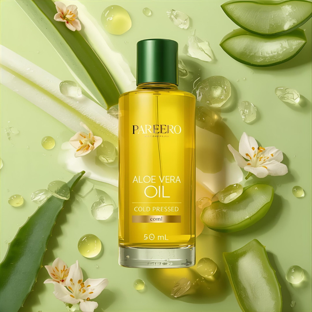 Pareero Aloe Vera Oil Cold Pressed 50ml — 100% pure and organic soothing oil for deep hydration, calming irritated skin, and promoting a natural glow. Helps heal dryness, sunburn, and inflammation while nourishing hair and scalp. Premium cold-pressed formula ideal for skincare, haircare, and body care.