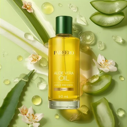 Pareero Aloe Vera Oil Cold Pressed 50ml — 100% pure and organic soothing oil for deep hydration, calming irritated skin, and promoting a natural glow. Helps heal dryness, sunburn, and inflammation while nourishing hair and scalp. Premium cold-pressed formula ideal for skincare, haircare, and body care.