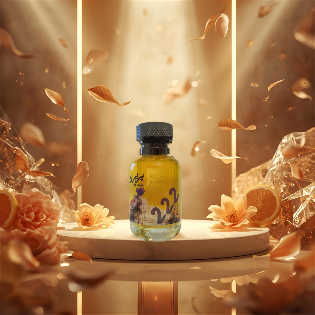 "Pareero Roja Danger Dove-inspired perfume with citrus, floral, amber, vanilla, and woody notes, premium feminine fragrance bottle."