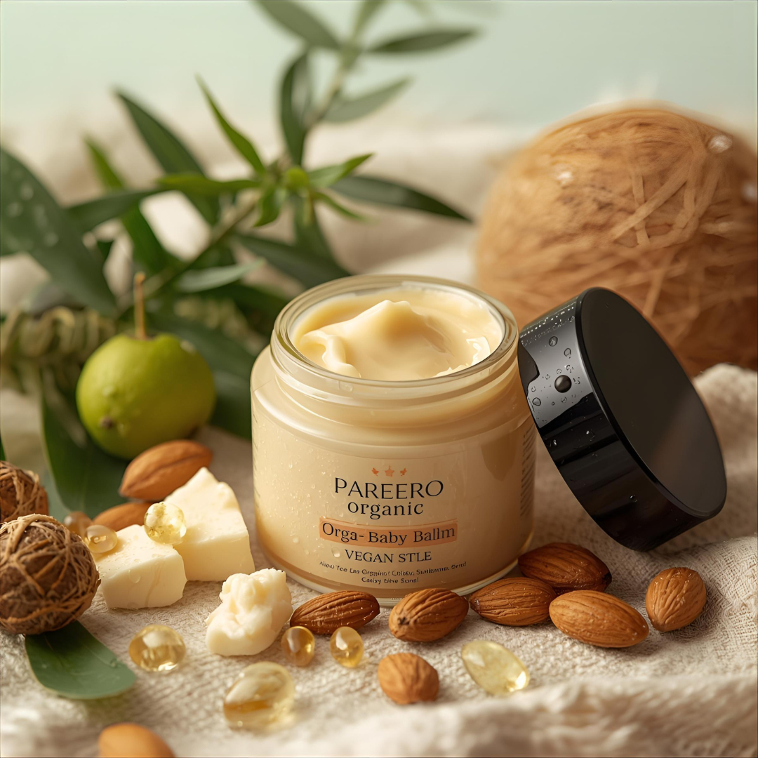 “Pareero Organic Baby Balm – nourishing balm for sensitive baby skin with shea butter, beeswax, coconut oil, almond oil, and vitamin E, fragrance-free and diaper-safe.”