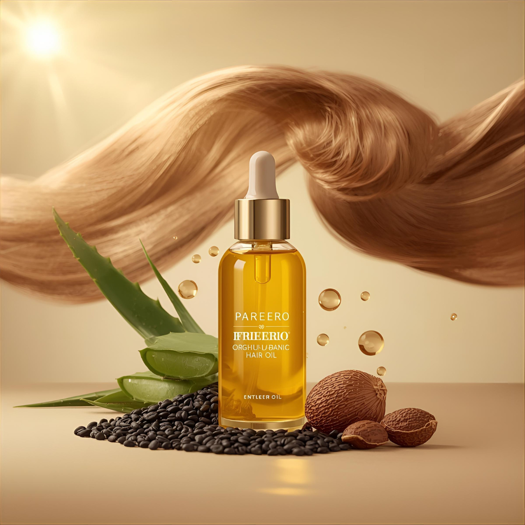 “Pareero Organic Hair Oil with black seed oil, argan oil, castor oil, jojoba oil, aloe vera oil, and vitamin E – natural hair growth and nourishment.”