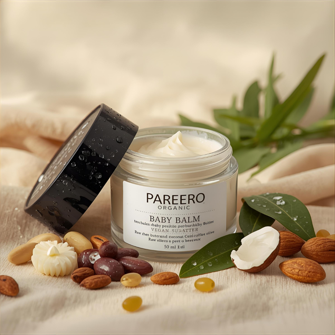 “Pareero Organic Baby Balm – nourishing balm for sensitive baby skin with shea butter, beeswax, coconut oil, almond oil, and vitamin E, fragrance-free and diaper-safe.”