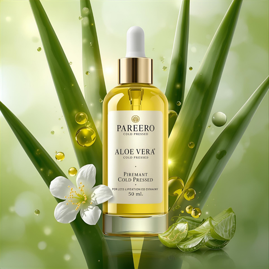 Pareero Aloe Vera Oil Cold Pressed 50ml — 100% pure and organic soothing oil for deep hydration, calming irritated skin, and promoting a natural glow. Helps heal dryness, sunburn, and inflammation while nourishing hair and scalp. Premium cold-pressed formula ideal for skincare, haircare, and body care.