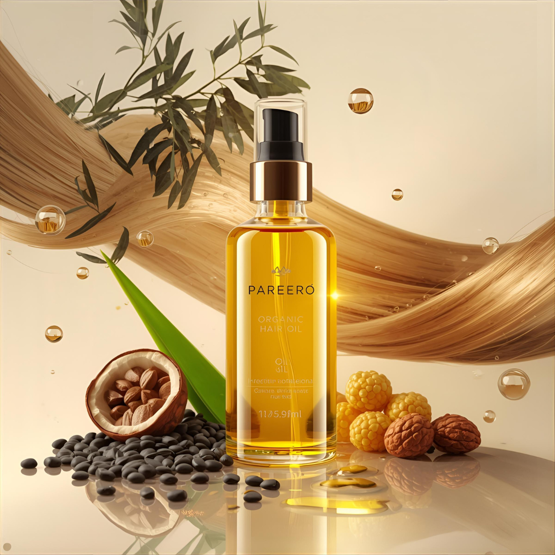 “Pareero Organic Hair Oil with black seed oil, argan oil, castor oil, jojoba oil, aloe vera oil, and vitamin E – natural hair growth and nourishment.”