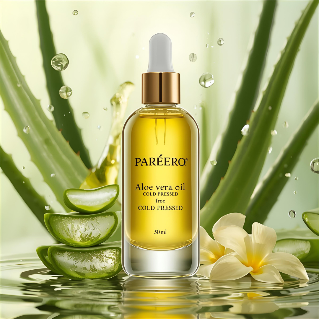 Pareero Aloe Vera Oil Cold Pressed 50ml — 100% pure and organic soothing oil for deep hydration, calming irritated skin, and promoting a natural glow. Helps heal dryness, sunburn, and inflammation while nourishing hair and scalp. Premium cold-pressed formula ideal for skincare, haircare, and body care.