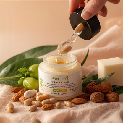 “Pareero Organic Baby Balm – nourishing balm for sensitive baby skin with shea butter, beeswax, coconut oil, almond oil, and vitamin E, fragrance-free and diaper-safe.”