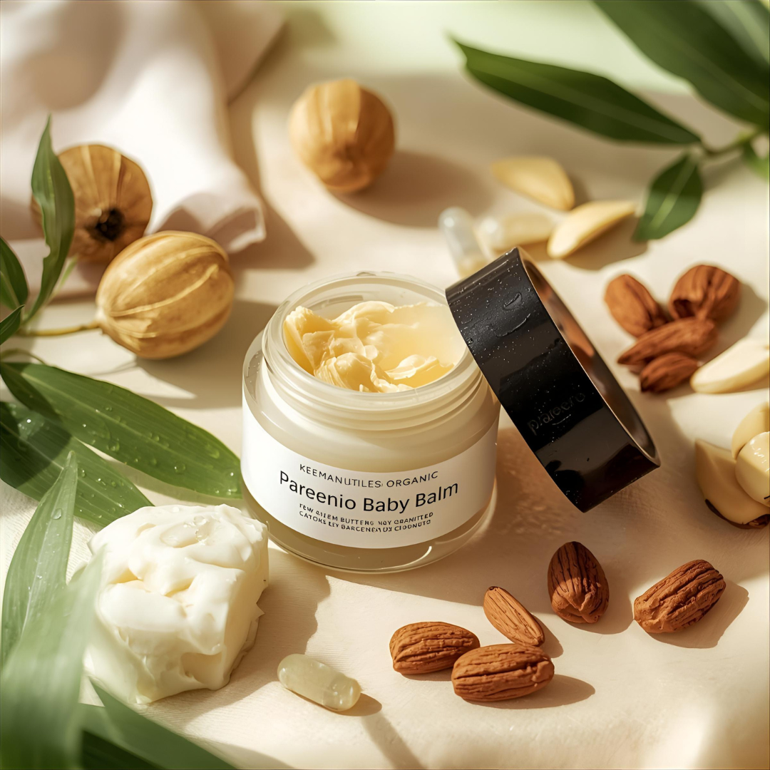 “Pareero Organic Baby Balm – nourishing balm for sensitive baby skin with shea butter, beeswax, coconut oil, almond oil, and vitamin E, fragrance-free and diaper-safe.”