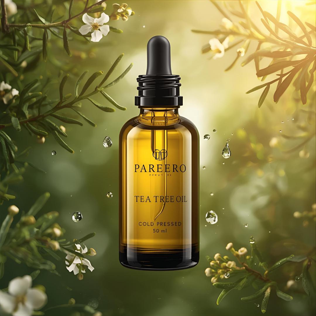 Pareero Tea Tree Oil Cold Pressed 50ml — 100% pure and organic antibacterial oil for acne treatment, scalp care, and skin purification. Helps reduce pimples, dandruff, and irritation while soothing and balancing oily skin. Premium cold-pressed formula ideal for skincare, haircare, and body care.